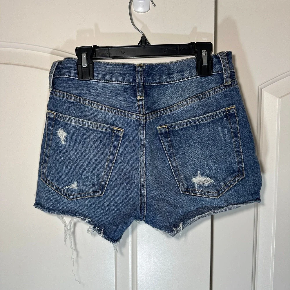 Free People‎ Sofia Cutoff Denim Shorts 25 Blue Distressed Button Fly Raw Hem